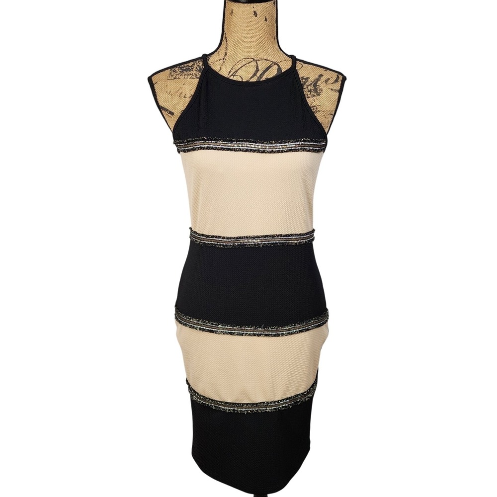 VESTIQUE Size Large Beige Black Striped‎ Halter Bodycon Party Dress Date Night
